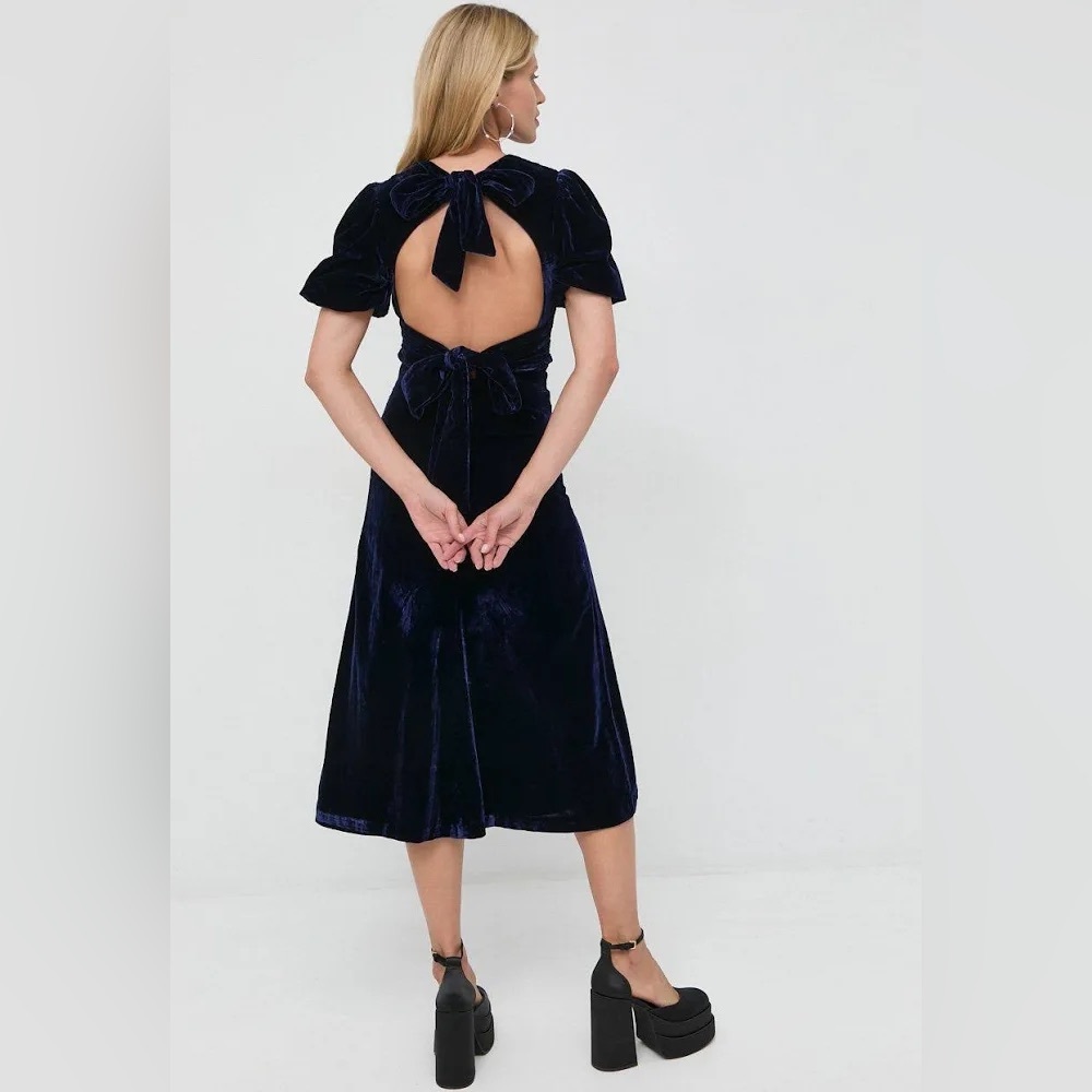Bardot Tenacity Velour Midi Dress Navy NWT Size XL with Bows
